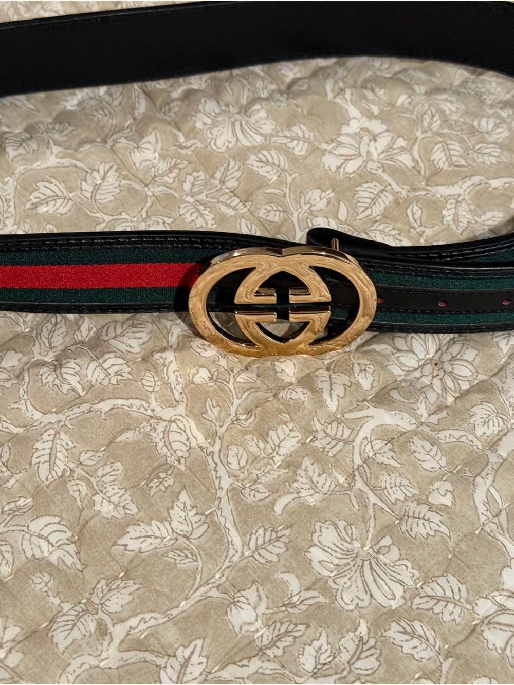 Faux G Black Leather Belt with Green and Red Web Stripe and Gold Double G Buckle